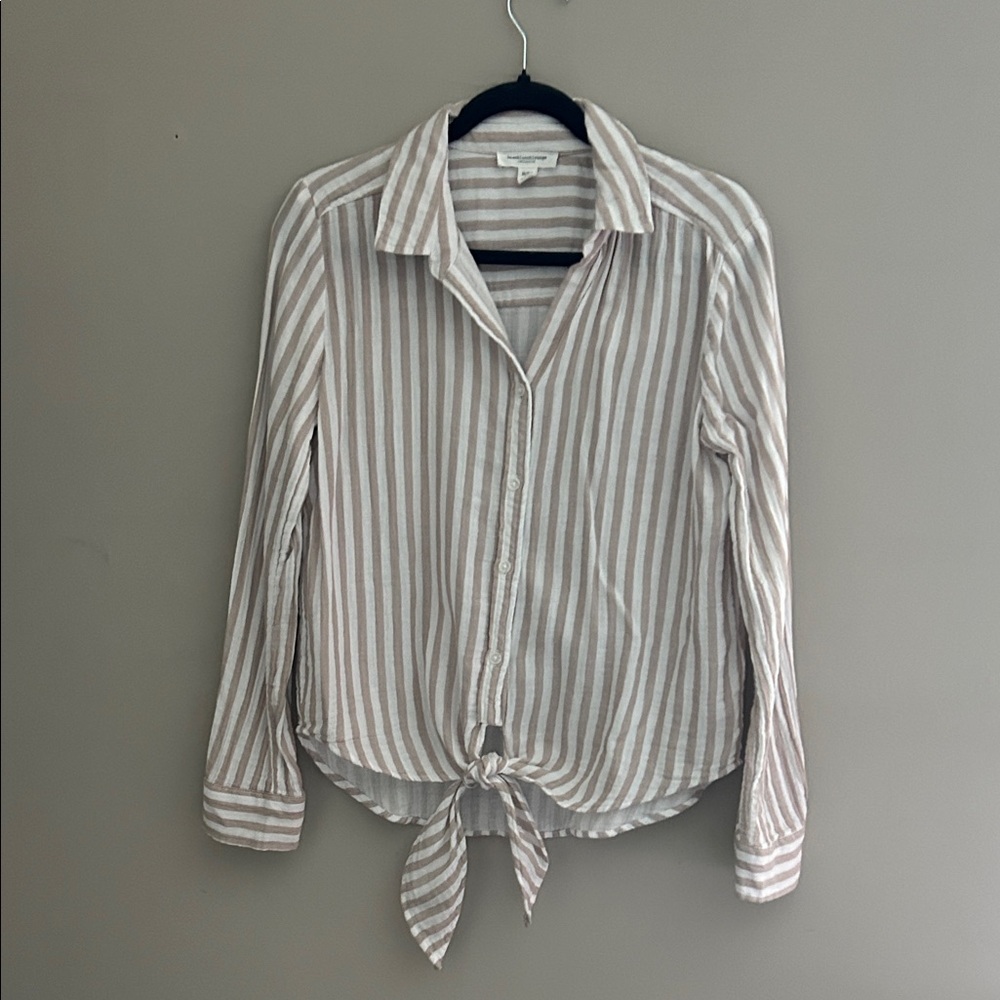beachlunchlounge Beige and White Striped Button-Down Shirt